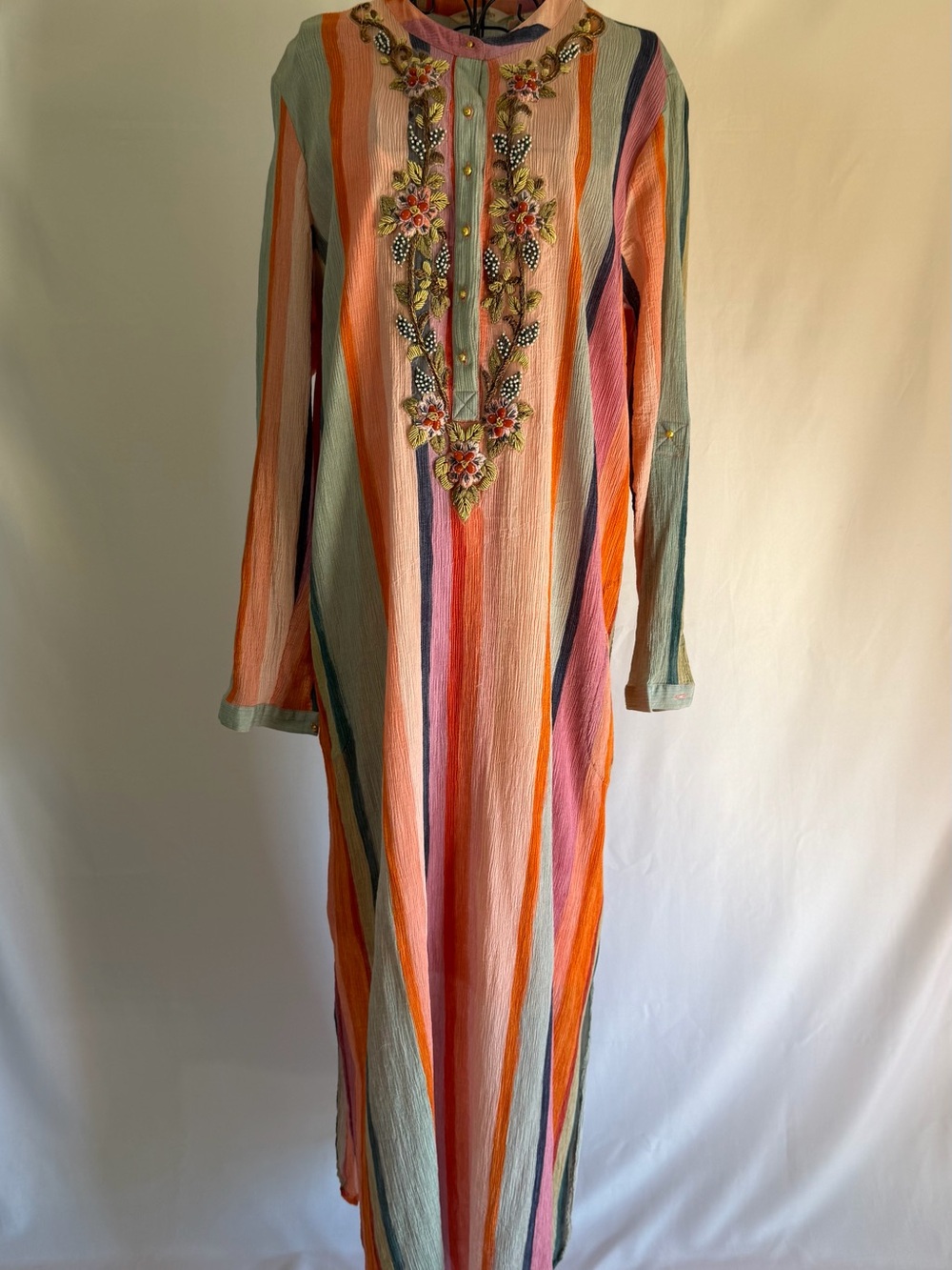 Soft Surroundings Peach, Mint & Coral Striped Embroidered Maxi Dress